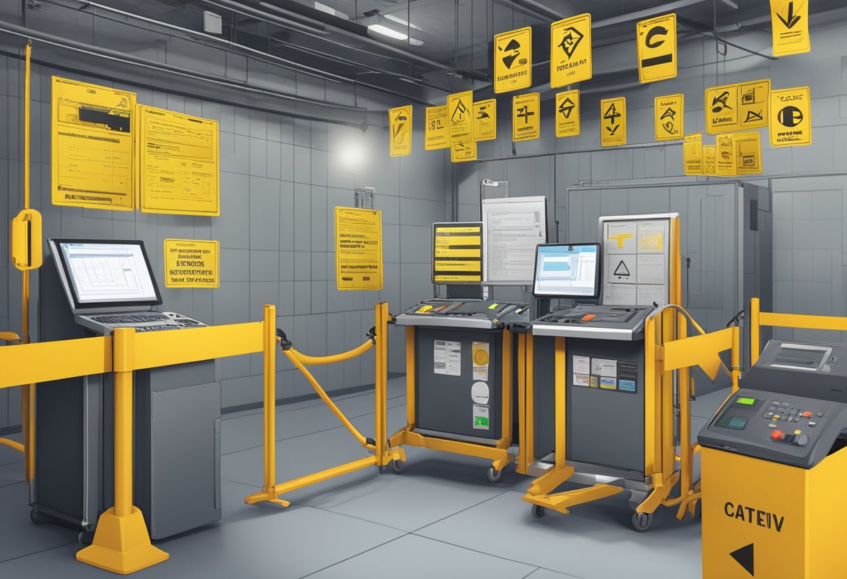 A survey machine surrounded by caution signs and safety barriers, with a checklist of potential risks and precautions displayed on a nearby screen