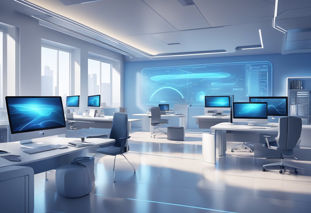 A sleek, modern office space with high-tech equipment and futuristic design elements. The room is bathed in a soft, blue light, creating a sense of innovation and cutting-edge technology