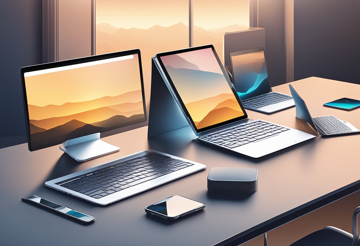 A display of various tech products, including laptops, tablets, and smartphones, is arranged neatly on a sleek, modern-looking table. The products are illuminated by soft, ambient lighting, creating an inviting and professional atmosphere