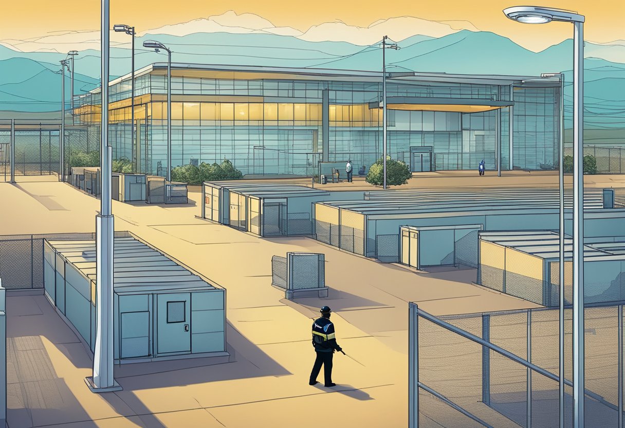 A security guard patrols the perimeter of the Novatech facility, while cameras and sensors monitor the area. Brightly lit signs display the company's regulations and security protocols