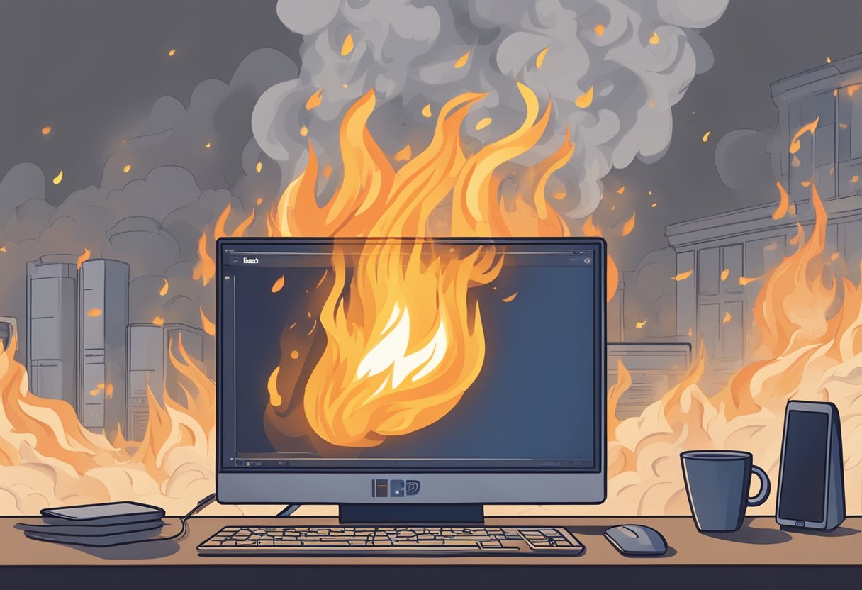 A computer monitor with the Facebook logo engulfed in flames, surrounded by smoke and embers. The screen displays the words "Quality Facebook On Fire Review."