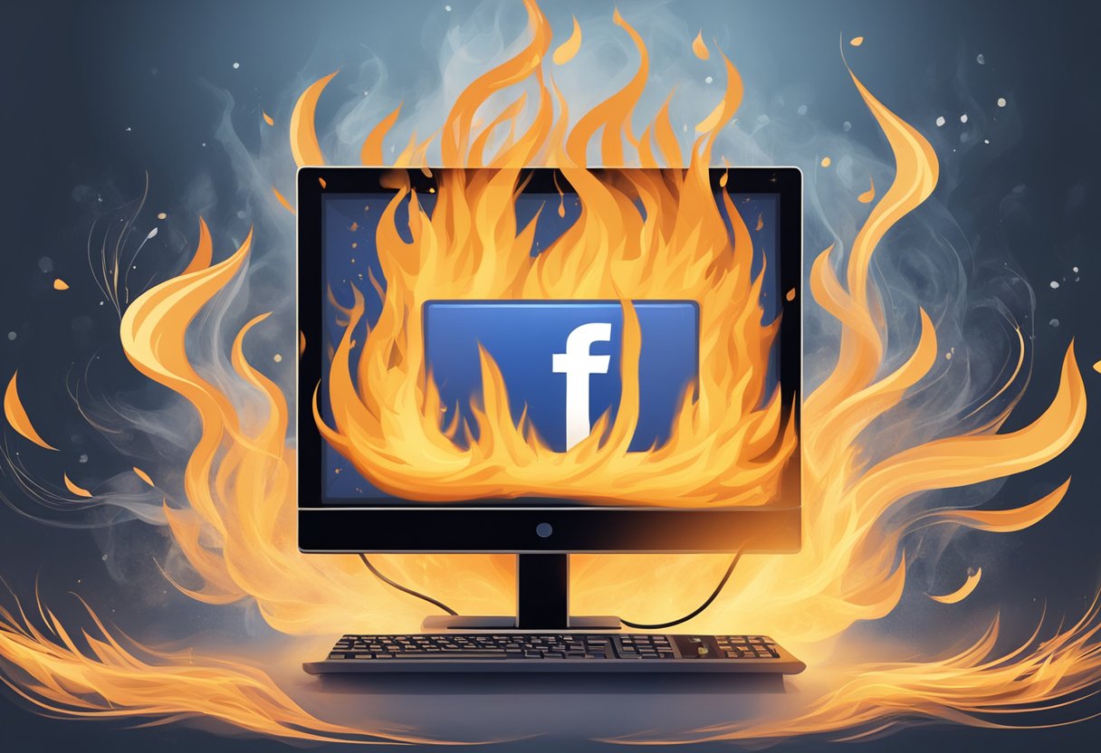 A computer monitor with Facebook logo engulfed in flames, surrounded by smoke and sparks