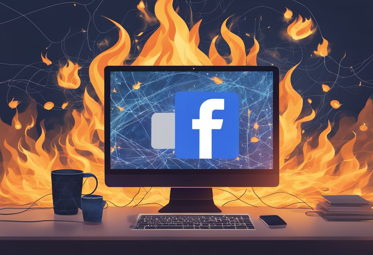 A computer screen shows Facebook logo engulfed in flames, with chaotic digital ecosystem in background