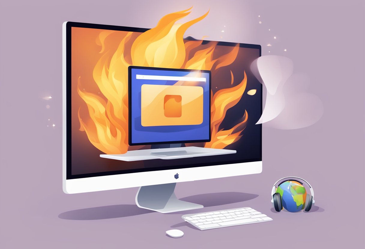 A computer screen shows Facebook logo engulfed in flames, with entertainment and multimedia content in the background