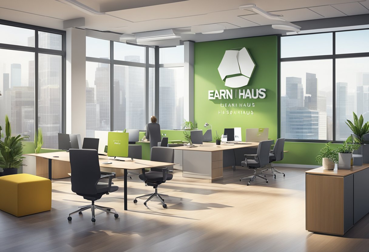 A modern office space with sleek furniture and a large logo of "Earn Haus" displayed prominently on the wall. The room is filled with natural light and bustling with activity