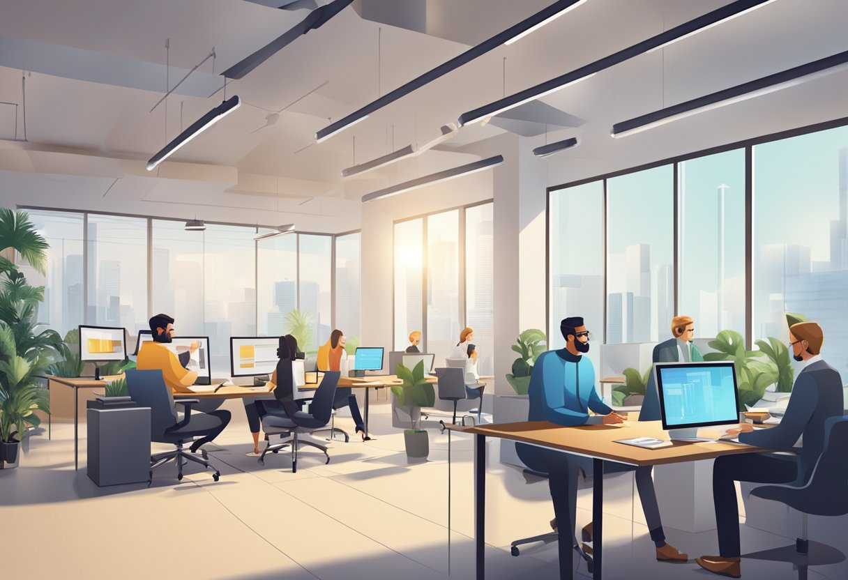 A modern office with people collaborating, using technology, and discussing business strategies. A dynamic and energetic atmosphere with a focus on productivity and innovation