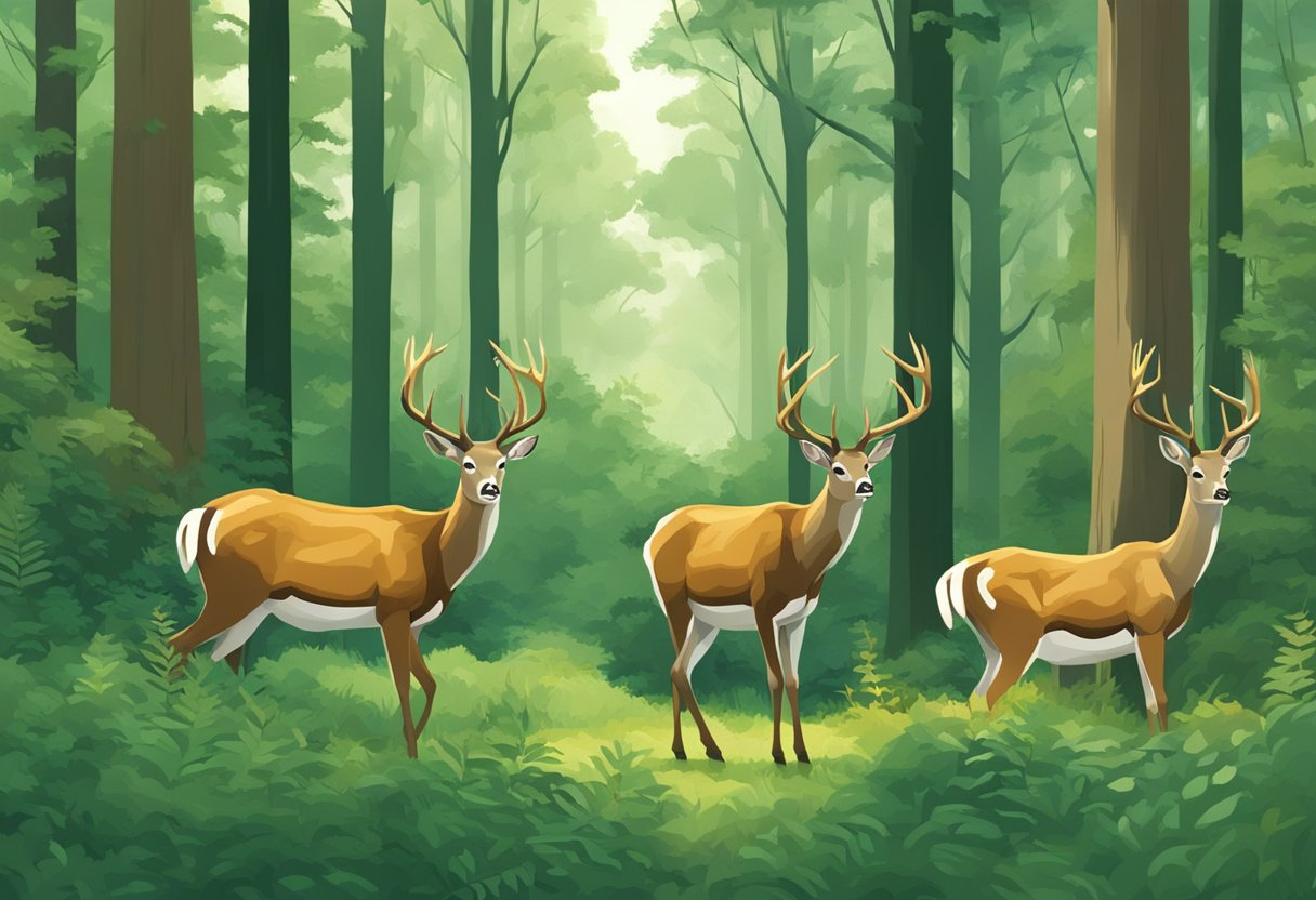 A group of deer roam through a lush forest, their antlers towering above the trees as they graze peacefully