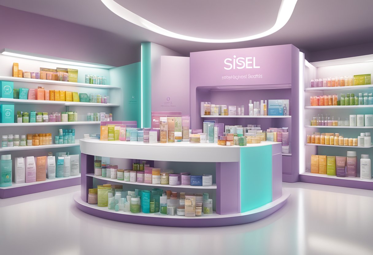 A table displaying various Sisel products with vibrant packaging and clear labels. Bright lighting highlights the array of skincare, supplements, and wellness items