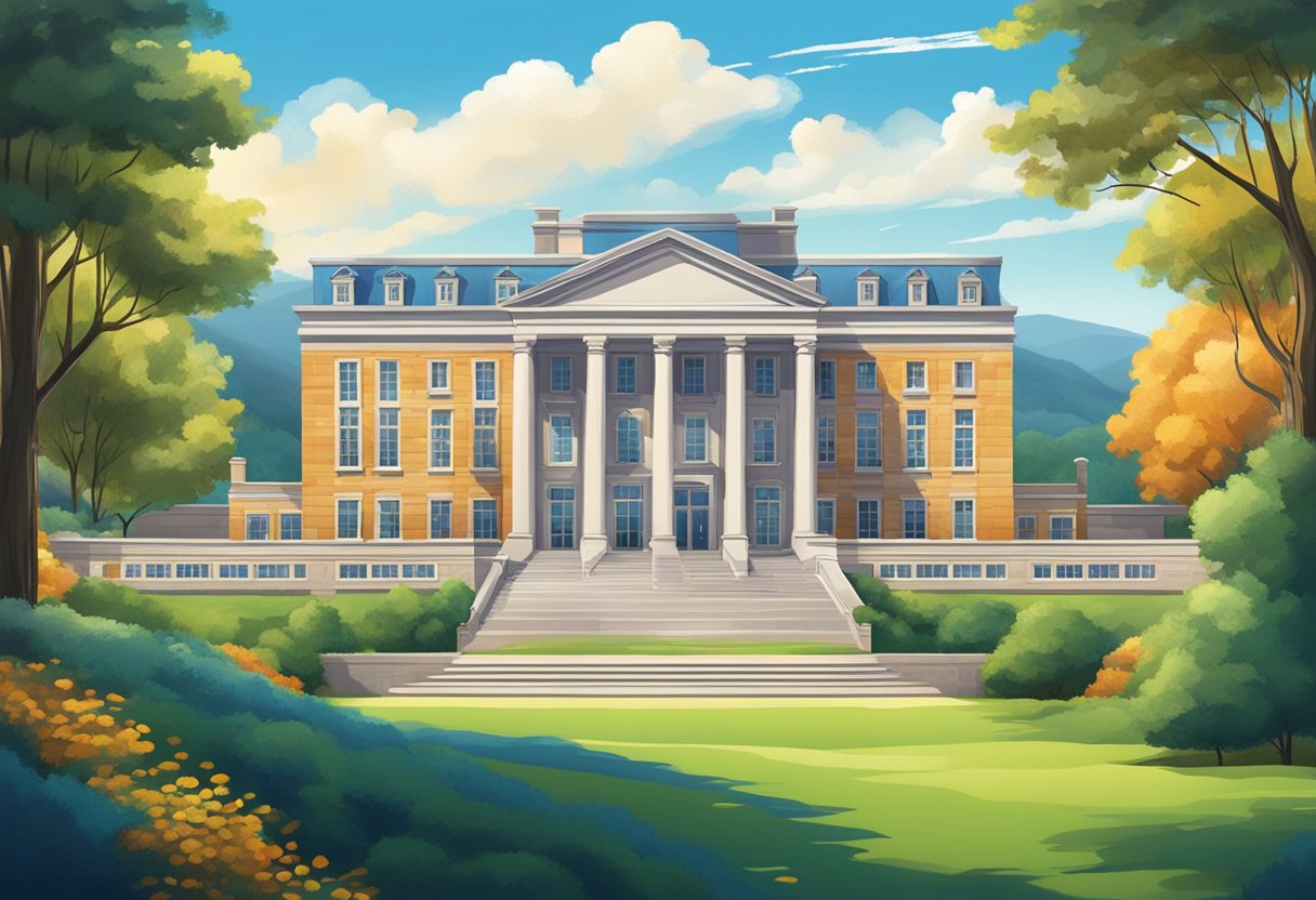 An elegant university building stands against a backdrop of rolling hills and a vibrant blue sky, symbolizing the success and controversies of Hustlers University