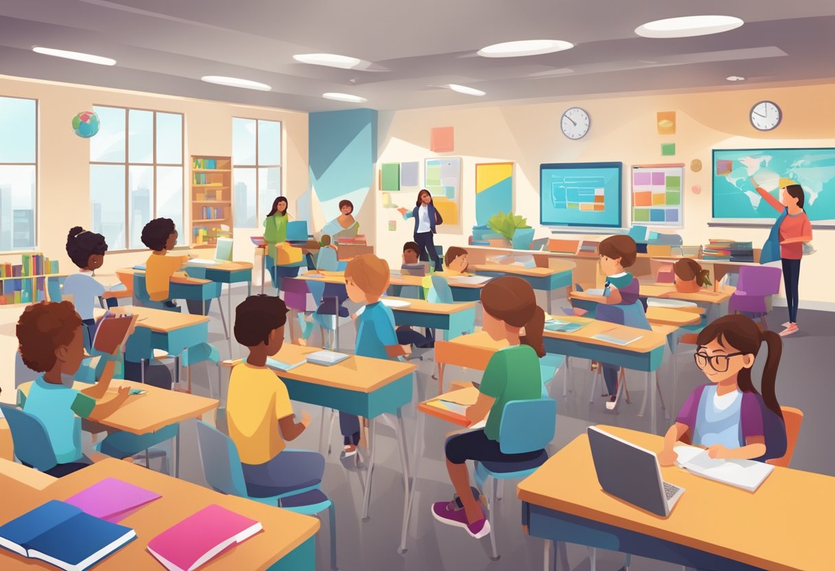 A bustling classroom with students engaged in interactive learning, surrounded by colorful educational materials and technology