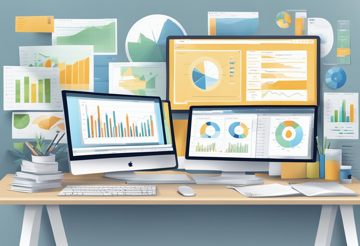 A computer screen displaying Pathmatics data, surrounded by charts and graphs on a desk