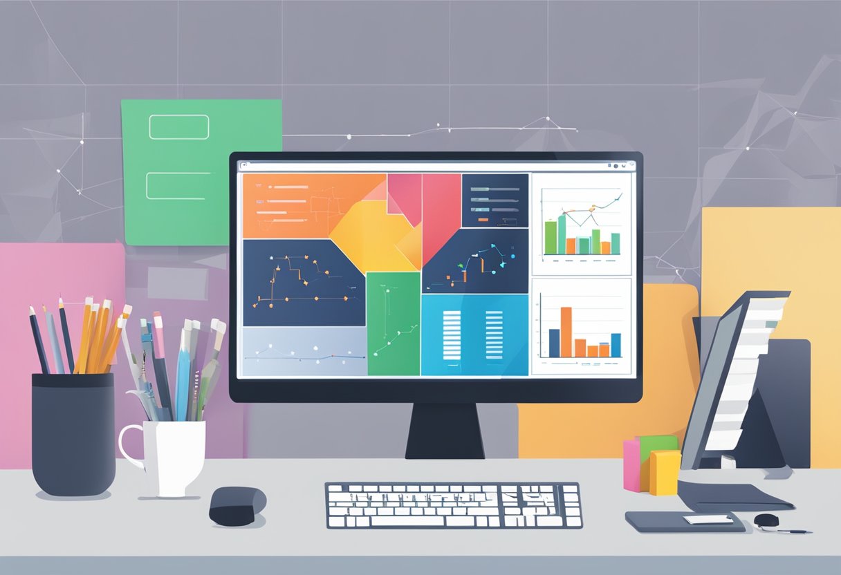 A computer monitor displaying Pathmatics Review data with charts and graphs, surrounded by office supplies and a keyboard