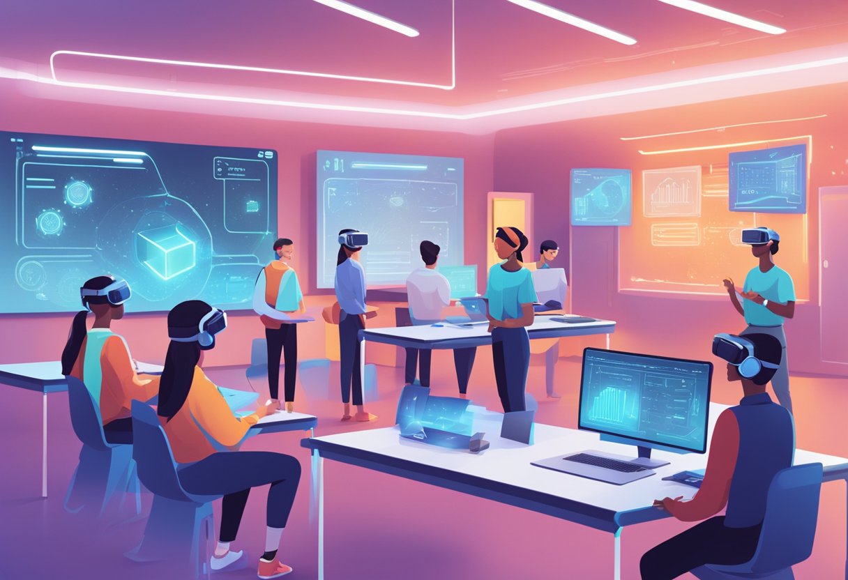 A futuristic classroom with holographic screens and interactive desks, students wearing VR headsets, and a robotic instructor leading a lesson on financial literacy