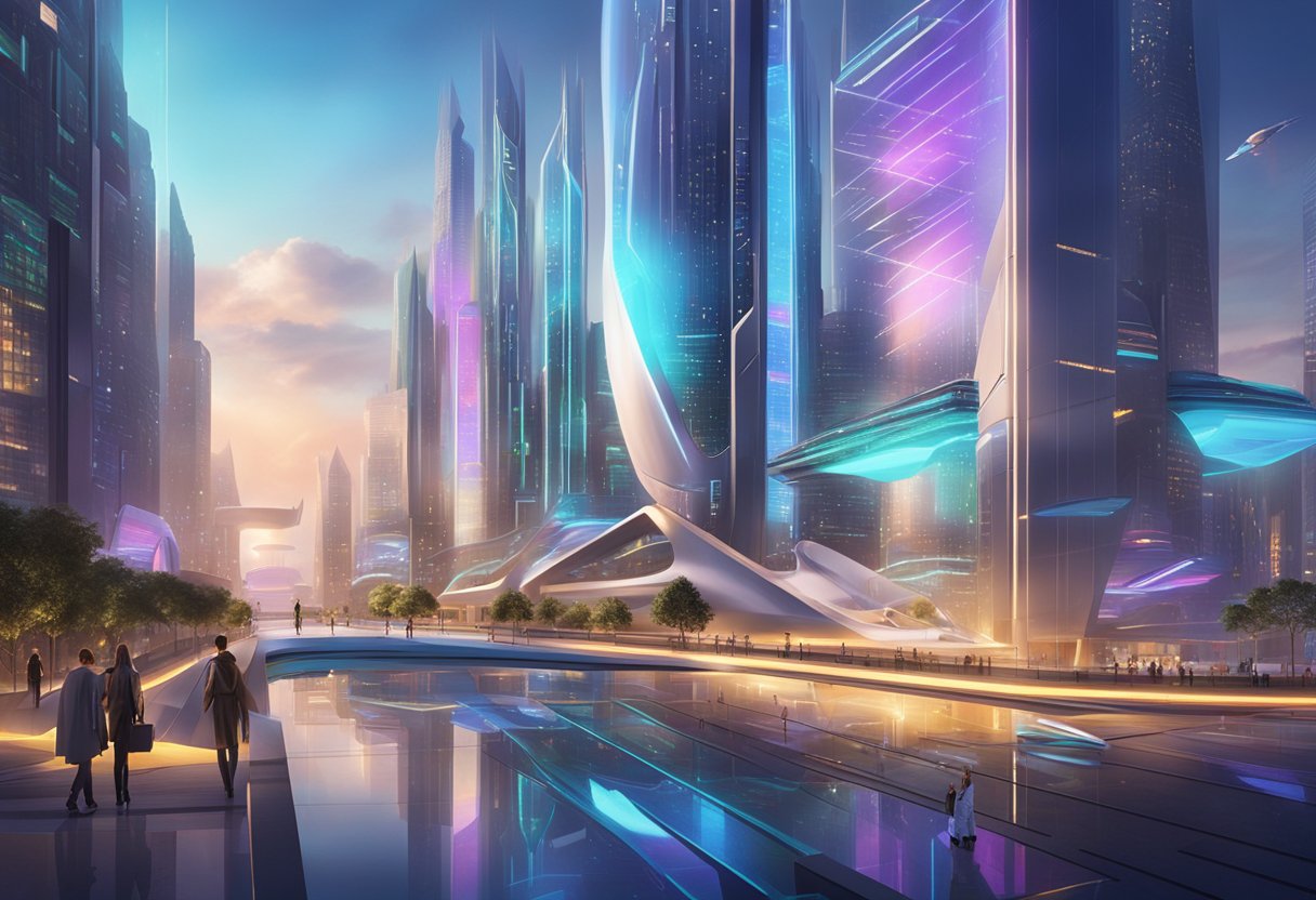 A futuristic cityscape with holographic displays showcasing the "Future Flipper" course offerings. Bright lights and sleek architecture convey a sense of innovation and opportunity