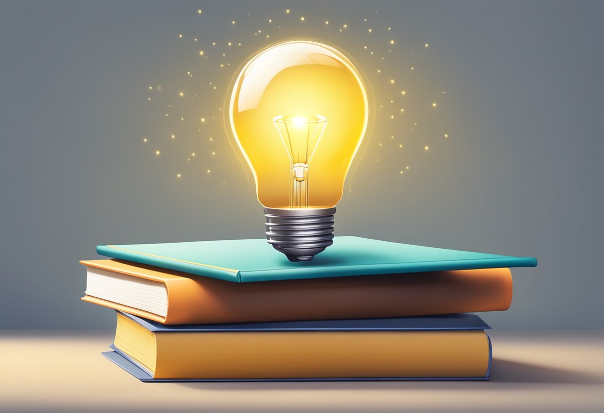 A glowing light bulb surrounded by a stack of books, a laptop, and a graduation cap, symbolizing success and achievement in the Future Flipper course