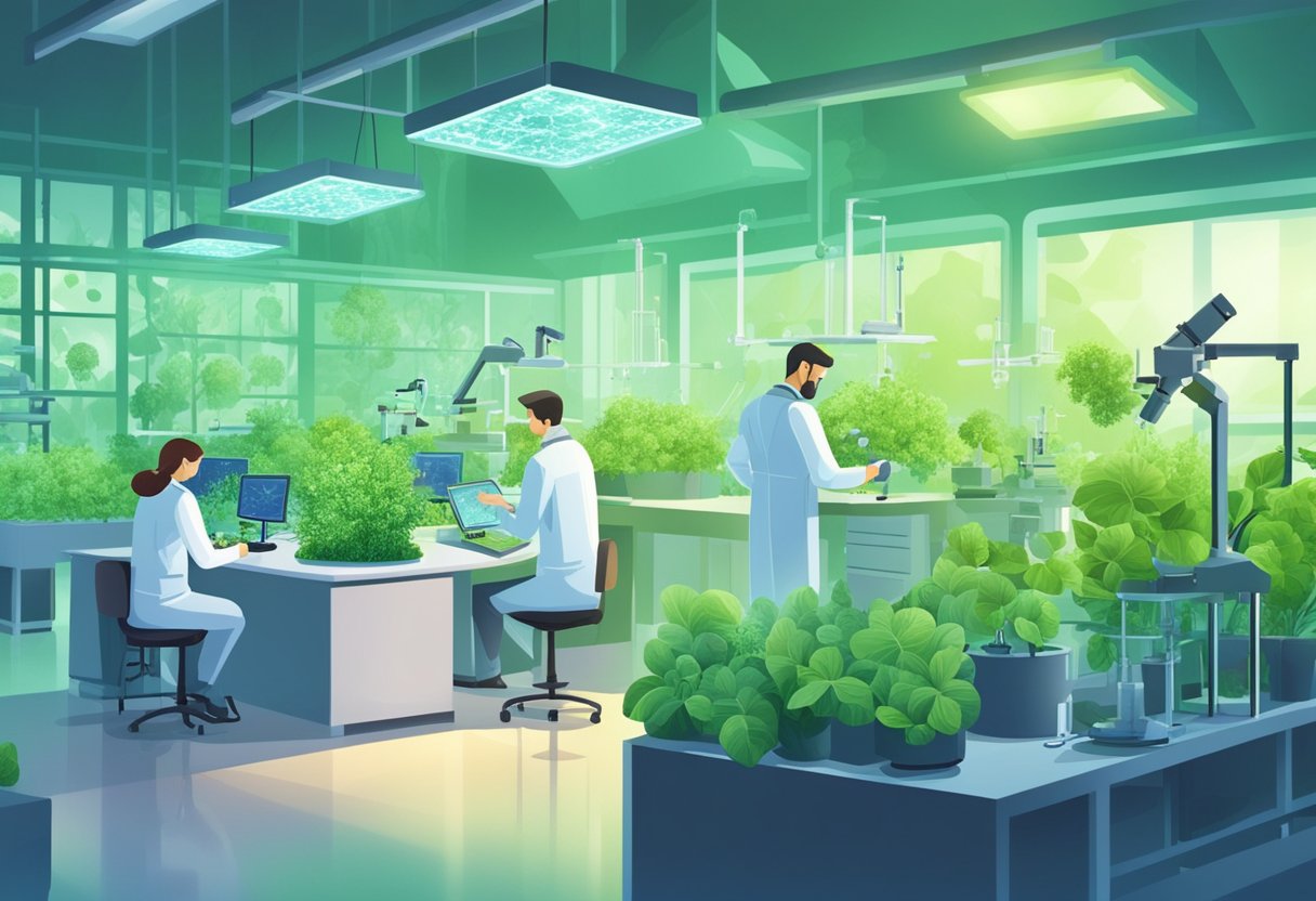 A laboratory with scientists examining plant cells under microscopes. Bright lights illuminate the room filled with high-tech equipment and greenery