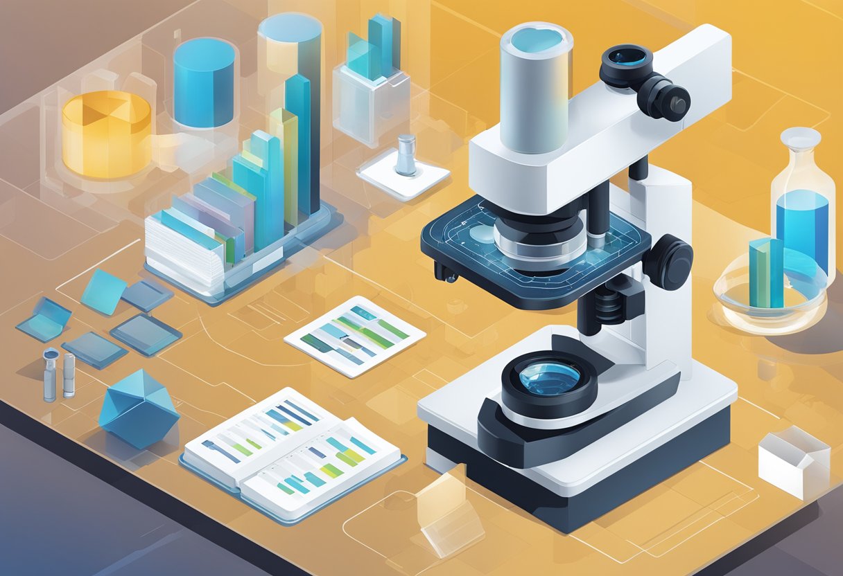 A microscope reveals Stemtech's scientific evidence and claims. Data charts and research papers surround the microscope, highlighting the company's review