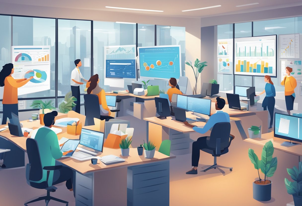 A bustling office with employees collaborating on marketing strategies and discussing Stemtech products. Charts and graphs adorn the walls, highlighting success