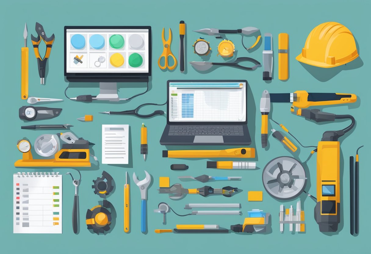 A table with various products being tested, surrounded by equipment and tools. A technician is carefully examining and recording data from the tests