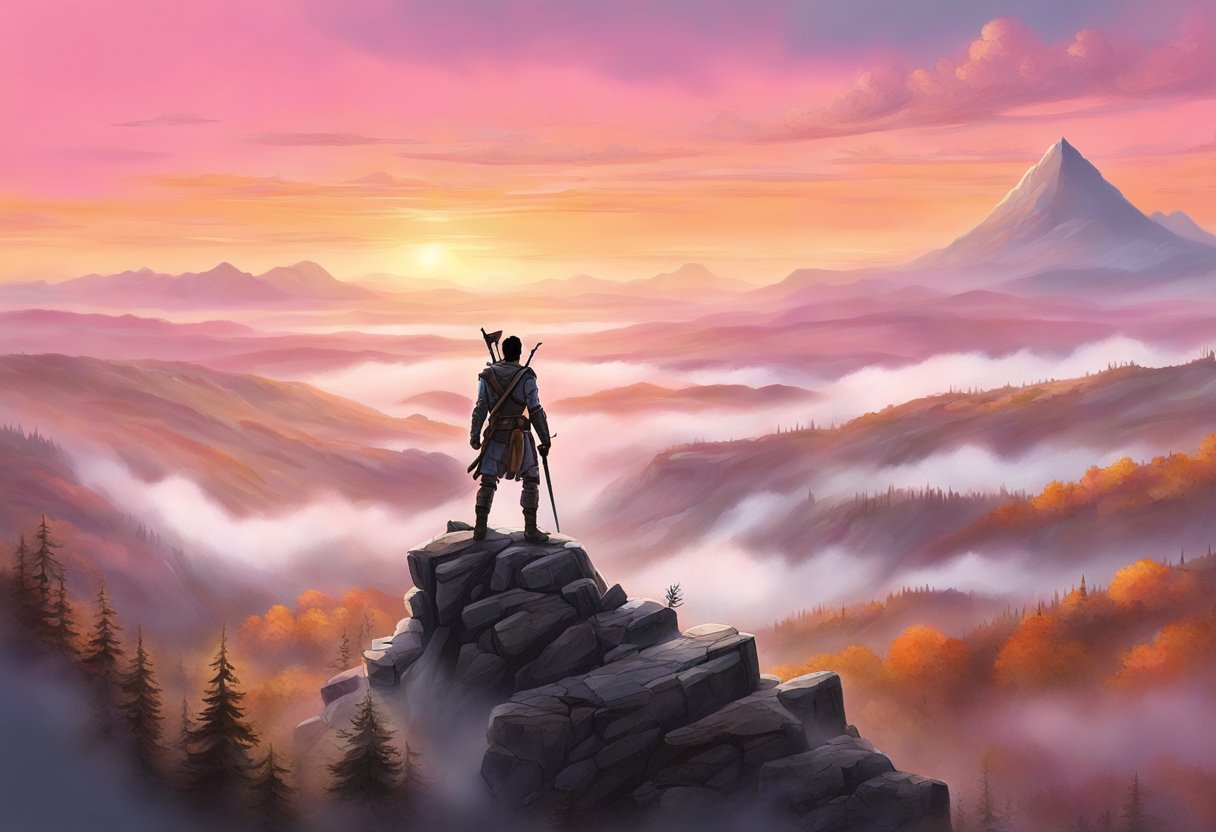 A lone warrior stands on a cliff, gazing out over a vast, mist-covered landscape at dawn. The sky is painted in shades of pink and orange, signaling the start of a new day