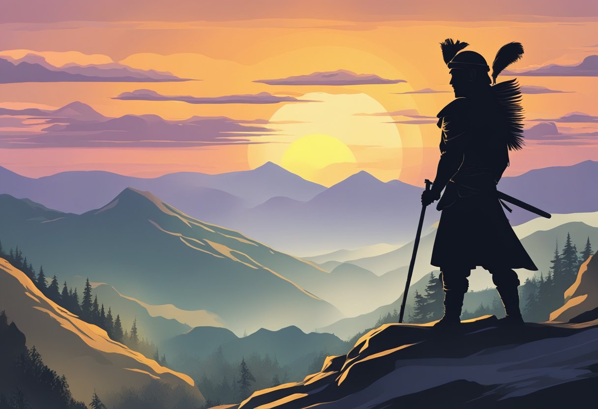 A sunrise over a mountain with a warrior silhouette in the foreground, symbolizing the origins and philosophy of Wake Up Warrior