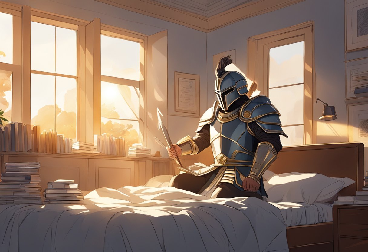 A warrior rises from a bed, surrounded by books and papers. The morning sun streams through the window, casting a warm glow on the scene
