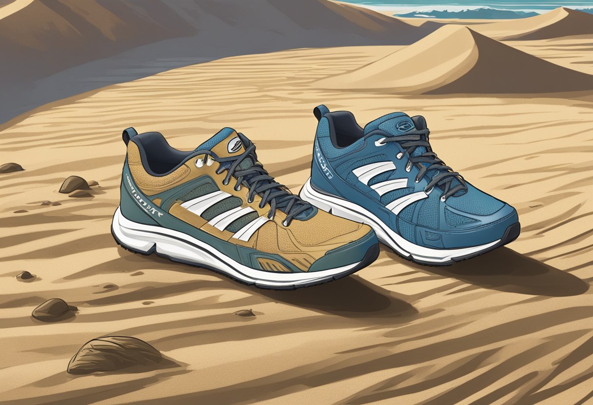 A pair of MBT shoes sit on a wooden floor, surrounded by a trail of footprints in the sand. The shoes are slightly worn, with the brand name "Casey Zander" visible on the side