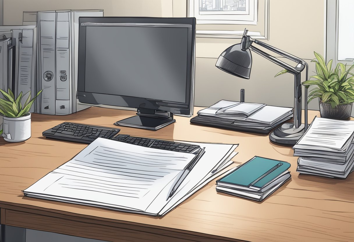 A sleek, modern office desk with a computer and a stack of papers. A nameplate reads "Casey Zander MBT Review."