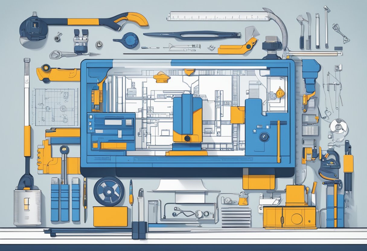 A sleek, modern blueprint with masculine imagery and bold text, surrounded by tools and equipment, representing the Masculinity Blueprint Accelerator program
