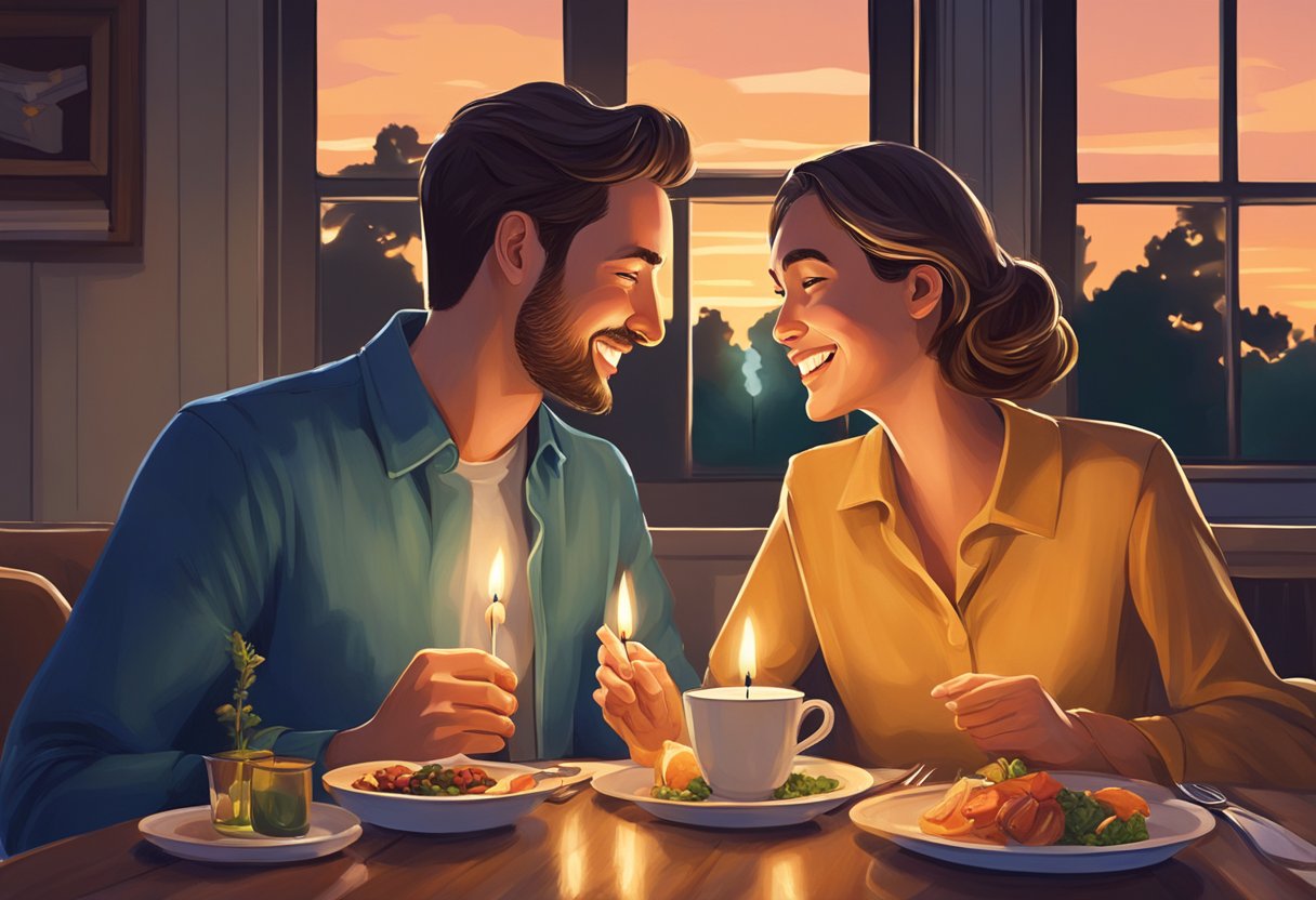 A couple sits across from each other at a candlelit table, engaged in deep conversation and laughter, as they share a romantic dinner together