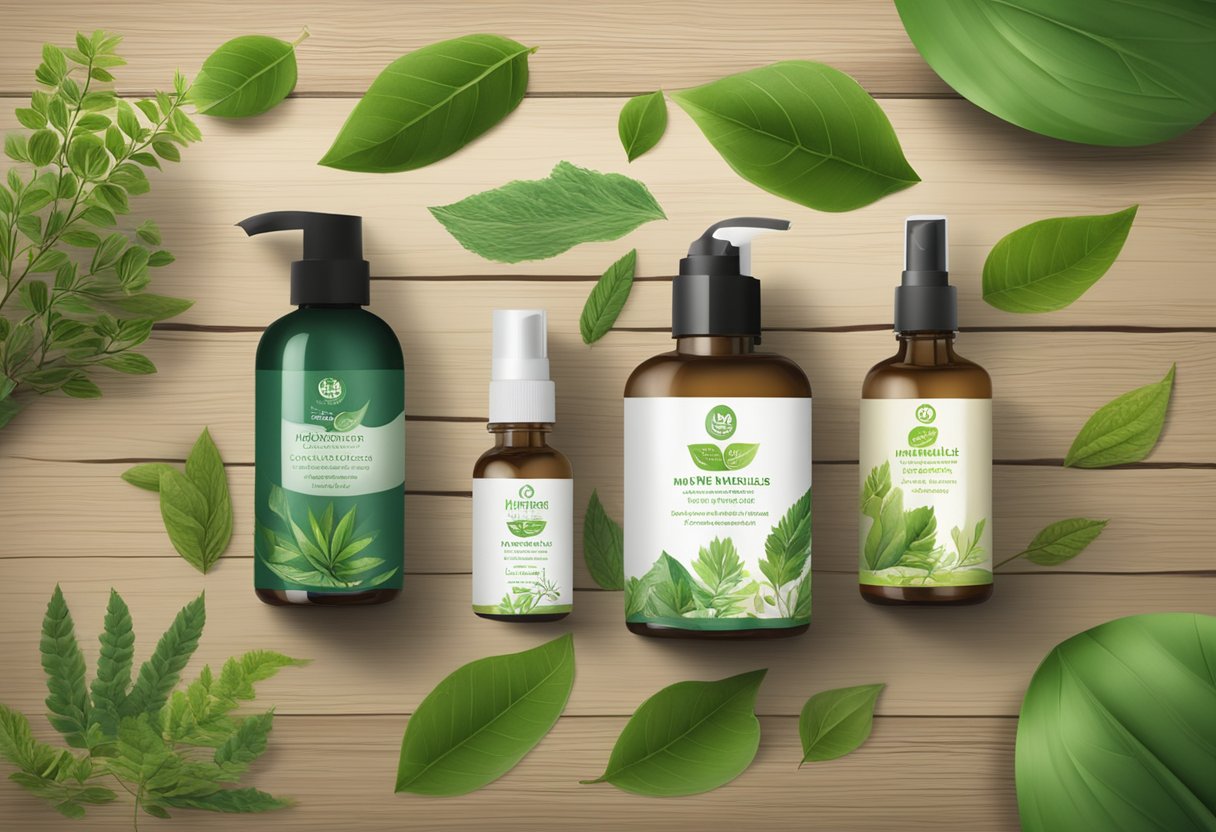 A variety of Hb Naturals products arranged on a rustic wooden table with fresh green leaves and natural elements surrounding them