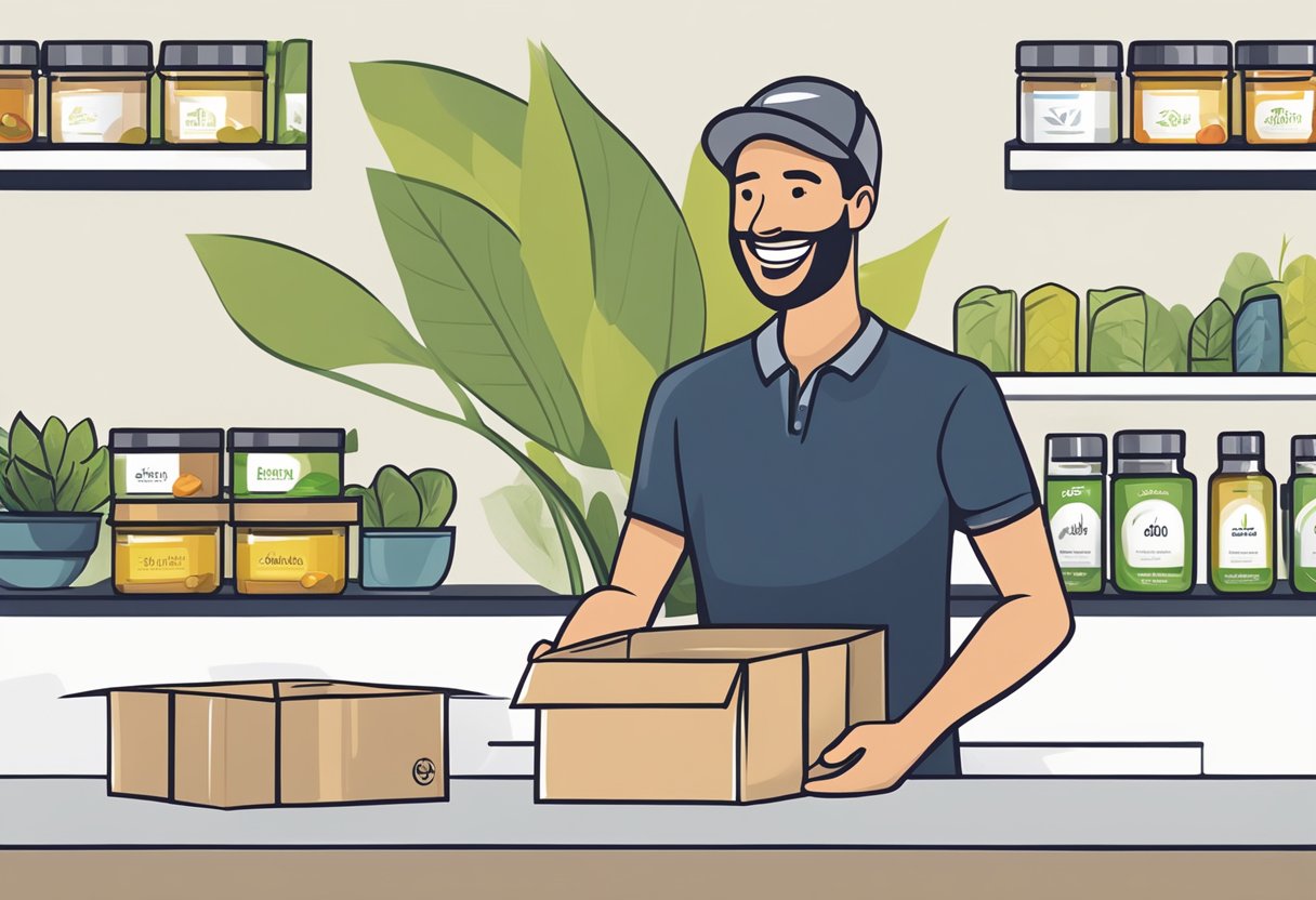 A customer receiving a package from Hb Naturals, smiling while opening it. The package contains natural products with a modern and eco-friendly design