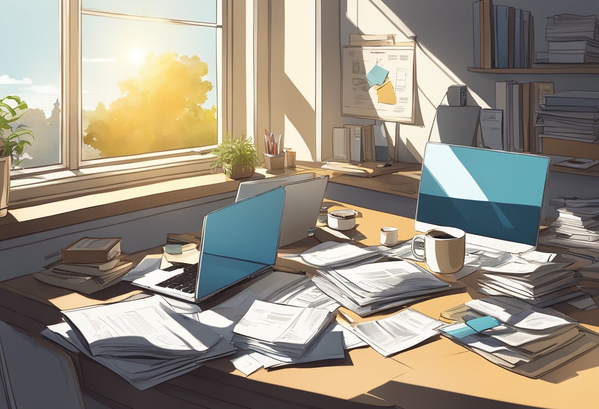 A cluttered desk with scattered papers, a laptop, and a coffee mug. Sunlight streams through the window, casting shadows on the messy workspace