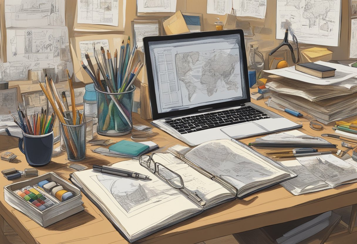 A cluttered desk with art supplies, a notebook filled with sketches, and a book titled "Key Techniques and Philosophies Marczell Klein" open to a page with detailed illustrations