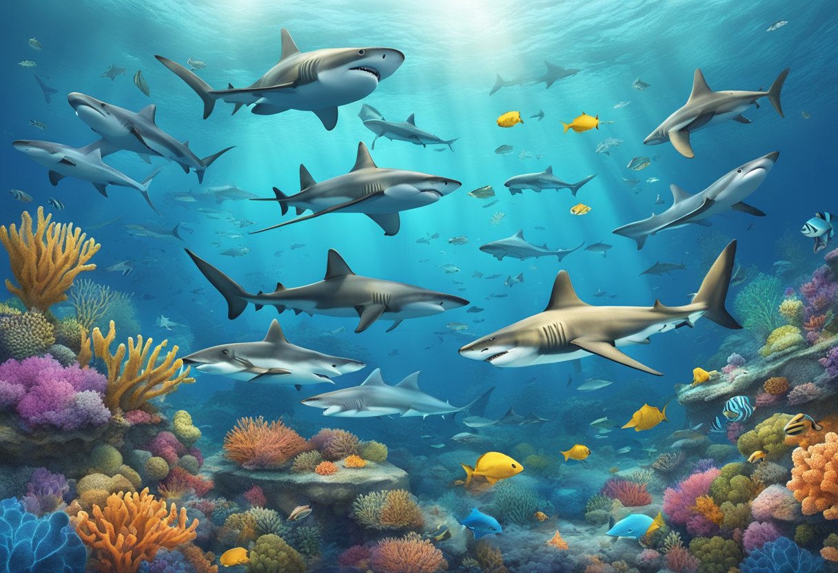 A group of sharks circling around a vibrant coral reef, with various e-commerce symbols and logos scattered throughout the ocean floor