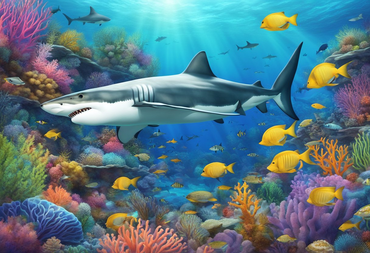 A shark swimming through a vibrant coral reef, surrounded by an array of colorful marine life