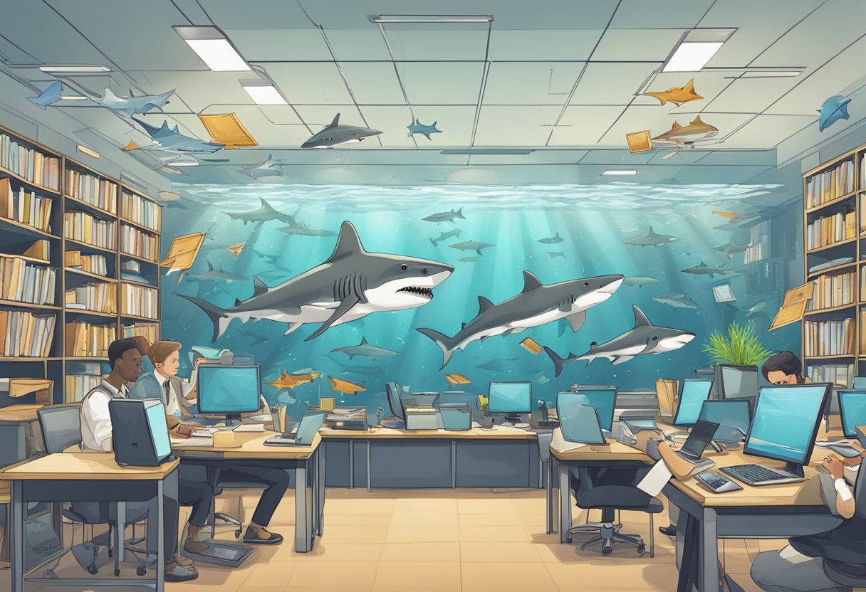 A group of sharks swimming in a school, surrounded by various e-commerce tools and resources