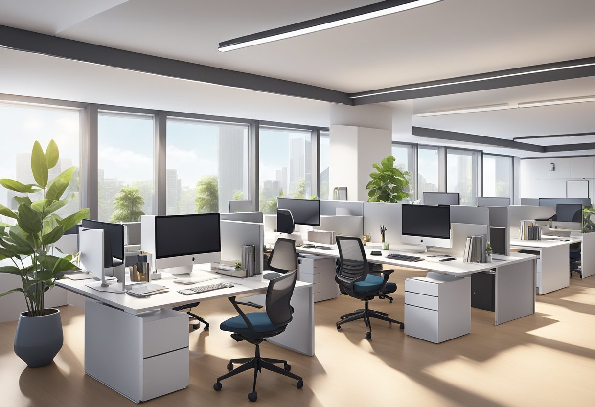 A modern, open-concept office space with sleek, minimalist furniture and large windows allowing natural light to flood the room. Multiple workstations and communal areas are visible, creating a sense of collaboration and productivity