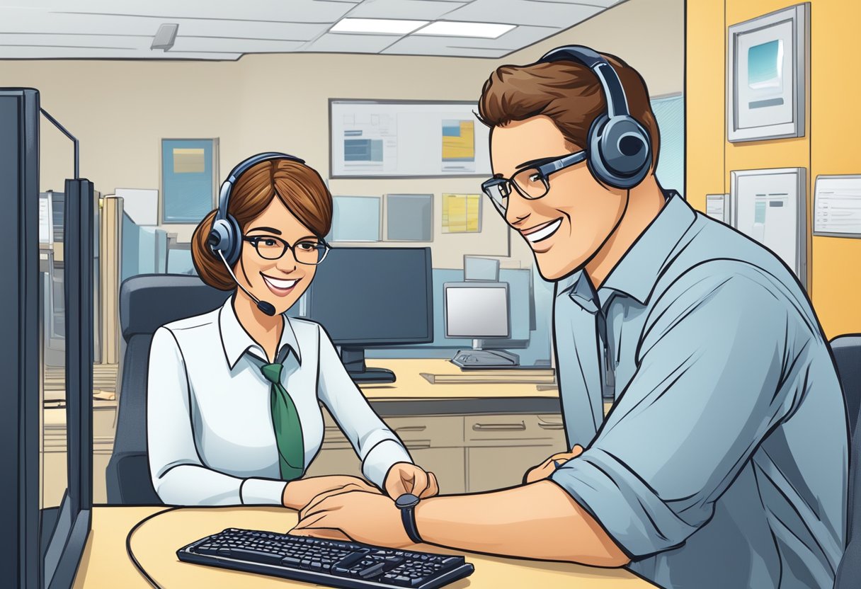 A customer service representative assists a client with a smile, while a technician troubleshoots a product issue. The company logo is prominently displayed in the background