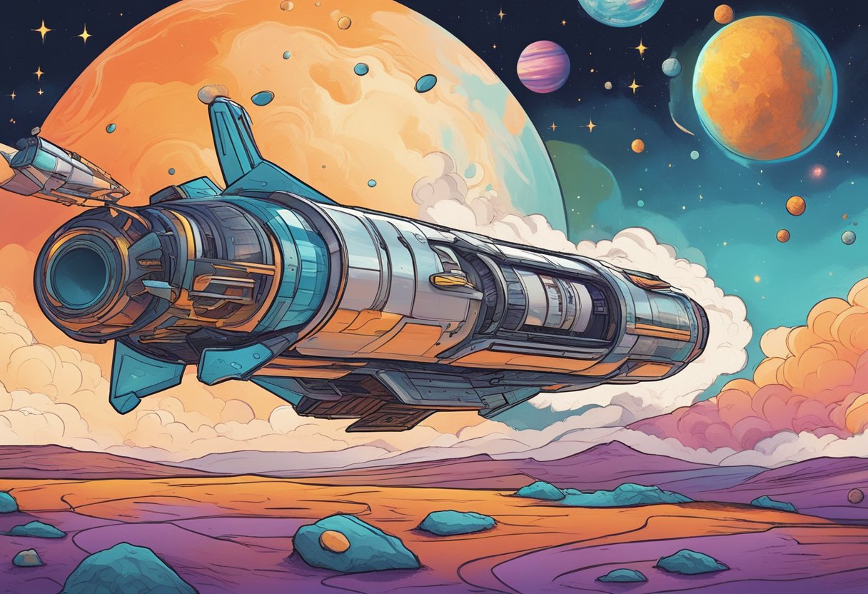 A rocket ship lands on a distant planet, kicking up clouds of colorful dust as it touches down. The ship's name, "Astro Flipping", is emblazoned on its side in bold, futuristic lettering