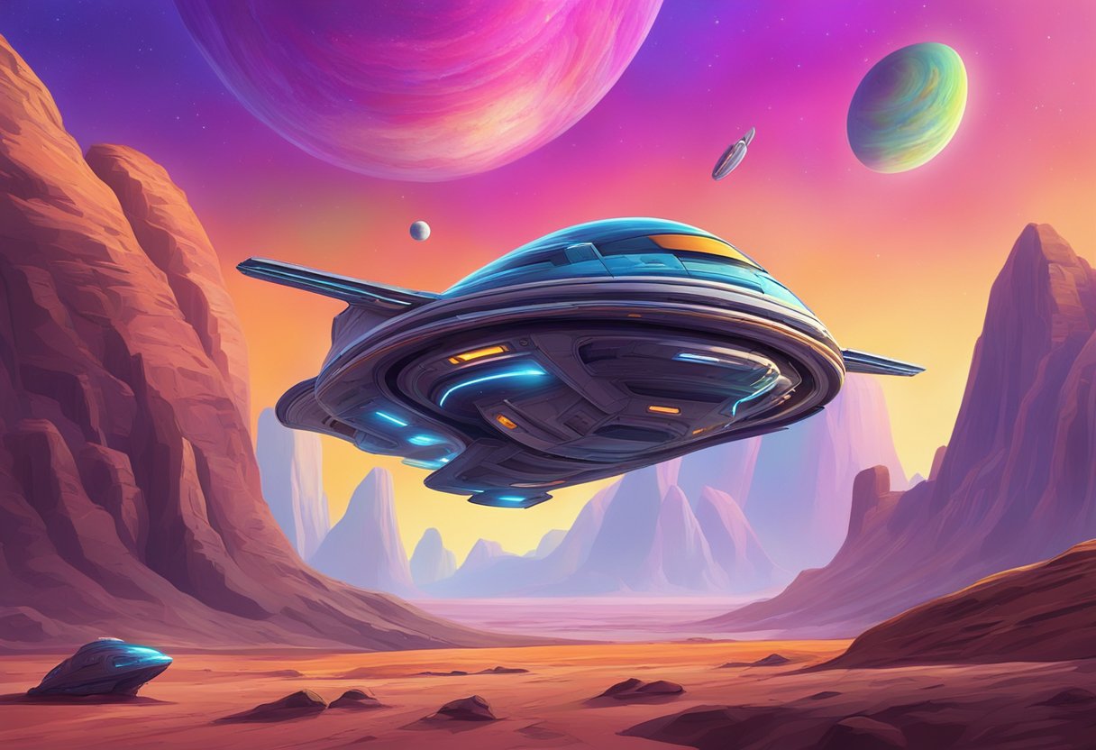 A spaceship hovers over a vibrant, alien landscape, with swirling colors and strange rock formations. The concept of astro flipping is illustrated through the futuristic design of the spacecraft