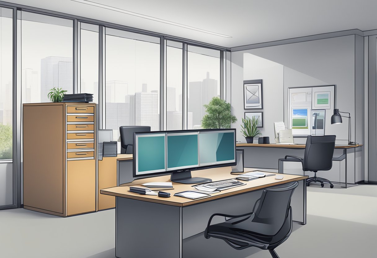 A tranquil office setting with a desk, computer, and business documents. A logo of "Tranont" displayed prominently