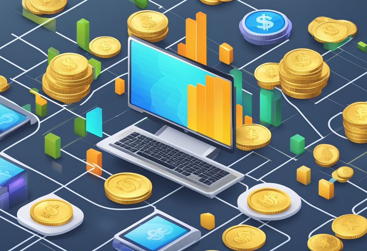 A computer screen with a graph showing an upward trend, surrounded by stacks of virtual coins and dollar signs