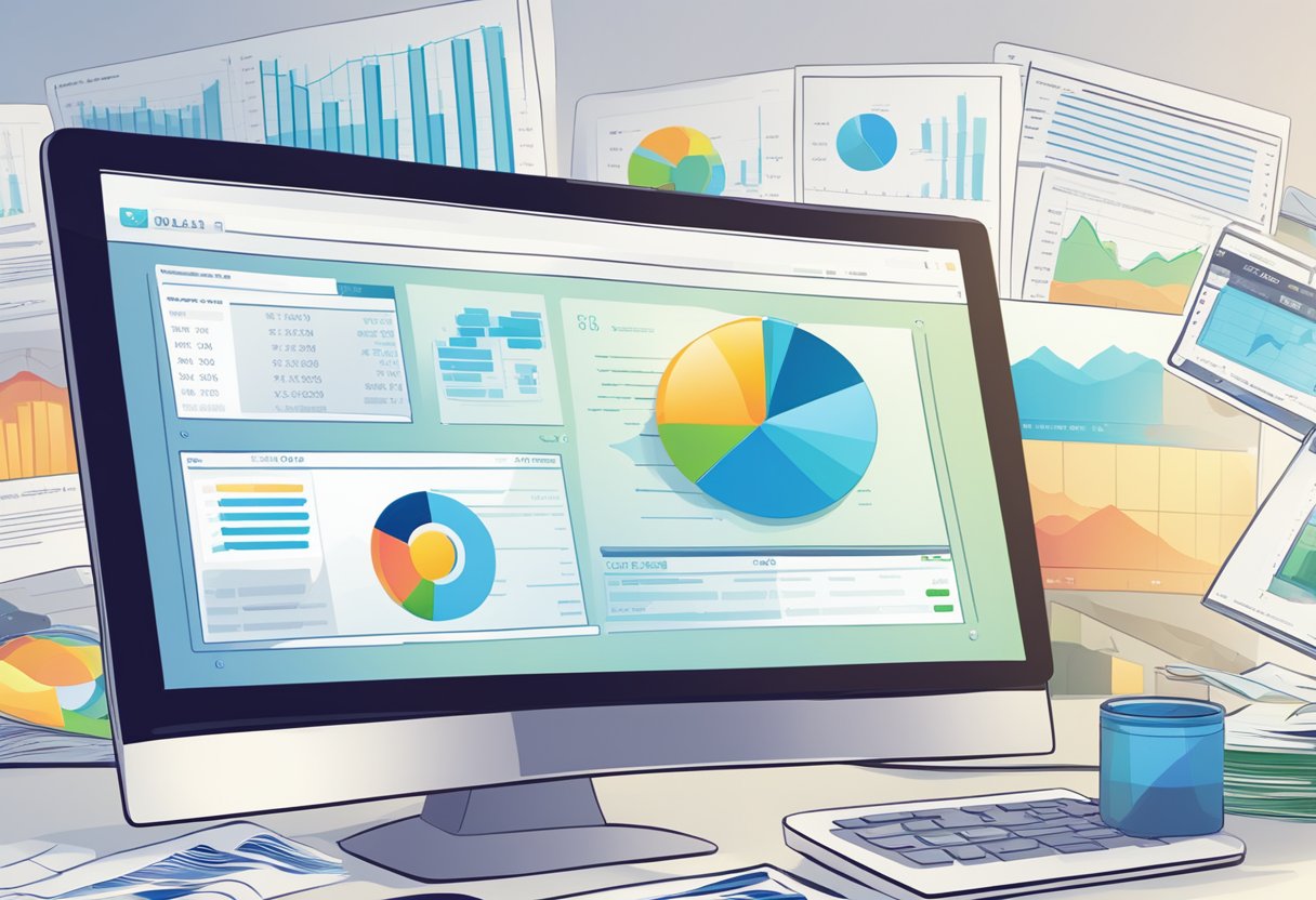 A computer screen displaying the Data Dollars Pro website with charts and graphs, a stack of dollar bills, and a magnifying glass analyzing the data