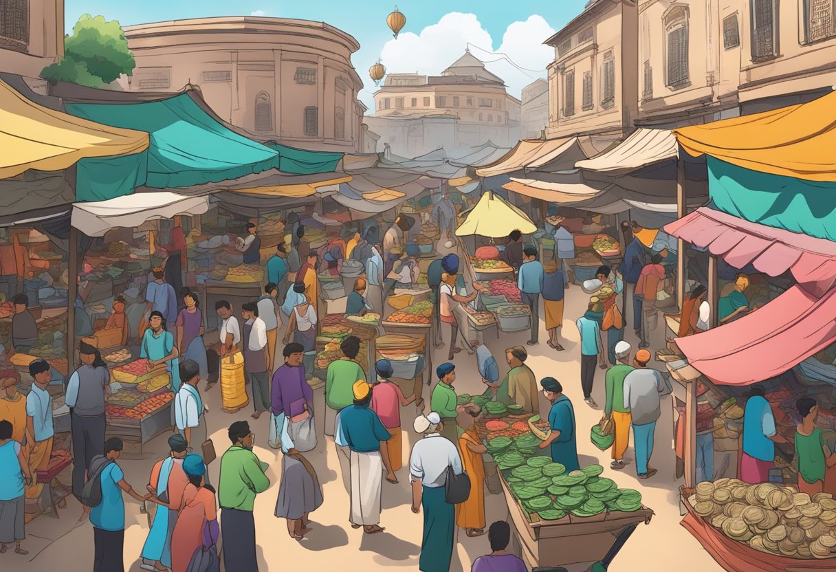 A bustling market with colorful stalls, crowded with people browsing and haggling. The air is filled with the sounds of chatter, laughter, and the clinking of coins