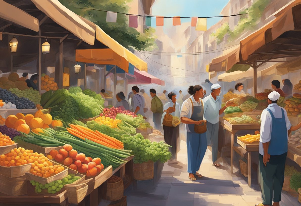 The bustling market stalls are filled with colorful produce and lively chatter, while the scent of freshly baked goods wafts through the air. Customers browse the various offerings, as vendors call out their prices and promotions