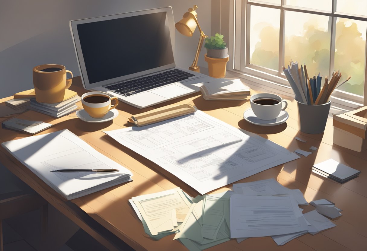 A cluttered desk with scattered papers, a computer, and a mug of coffee. A framed diploma hangs on the wall. Sunlight streams through the window, casting shadows on the floor