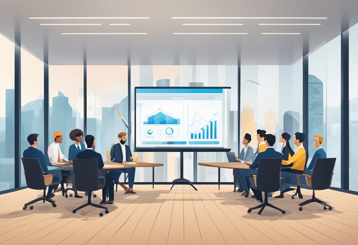 A group of professionals discussing financial options and deals in a conference room with charts and graphs on a large screen
