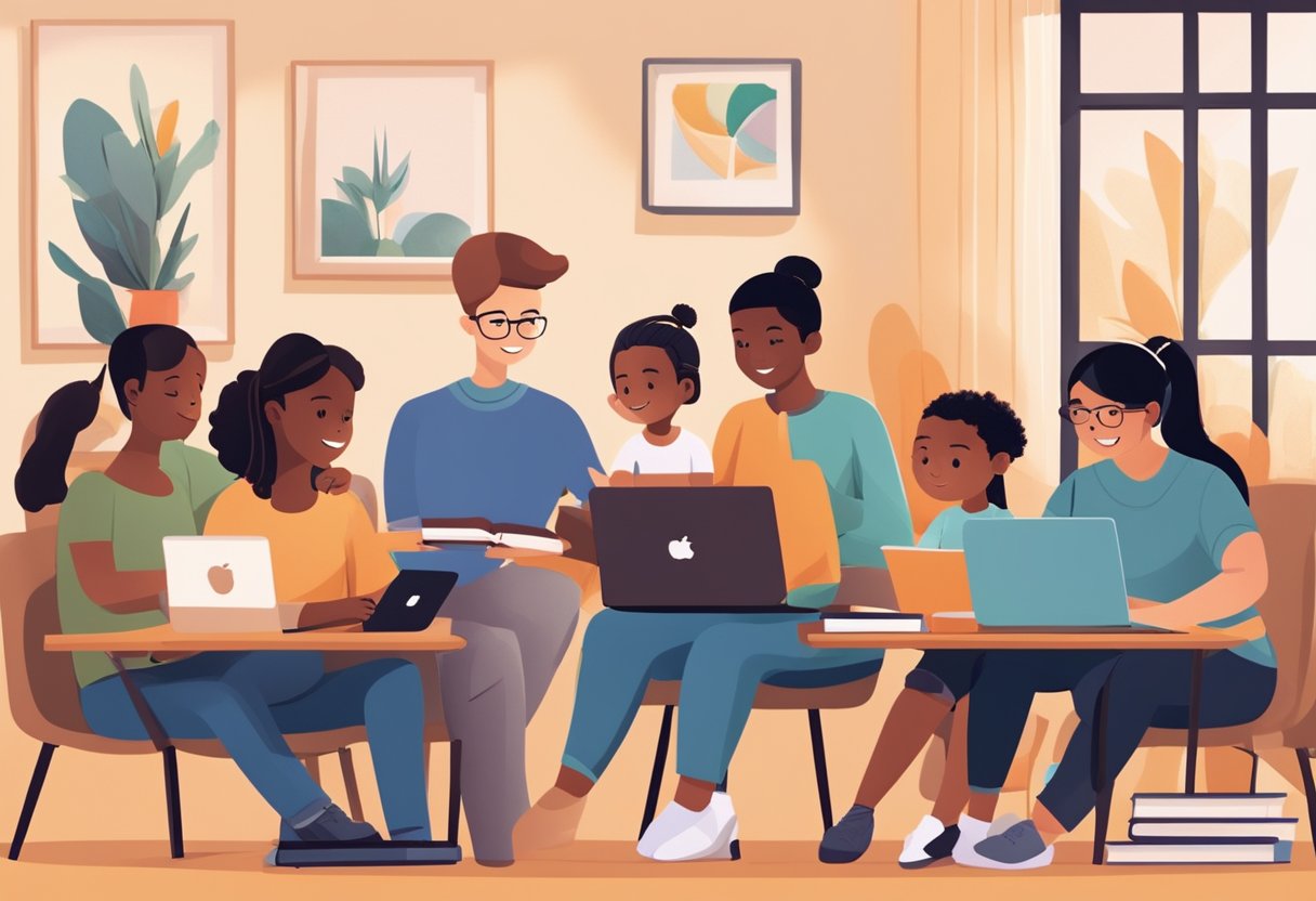 A diverse group of families engage in online learning, surrounded by books, computers, and educational materials. The atmosphere is warm and inviting, with a sense of collaboration and community