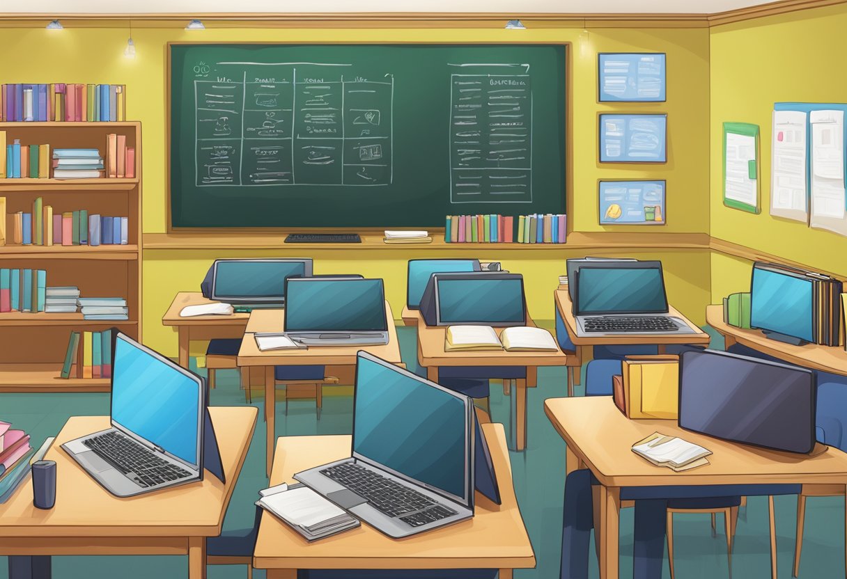 The scene depicts a classroom setting with a chalkboard displaying various course offerings and content at Ecom Family Academy. Books, computers, and educational materials are visible
